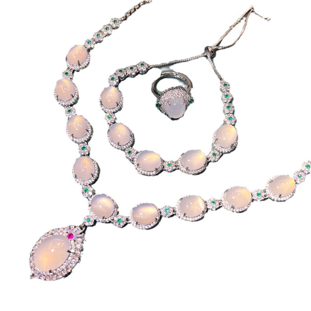 Винтажный китайский ювелирный набор из сапфира и халцедона: Коллекция из четырех предметов высокого класса с посеребрением и медным покрытием