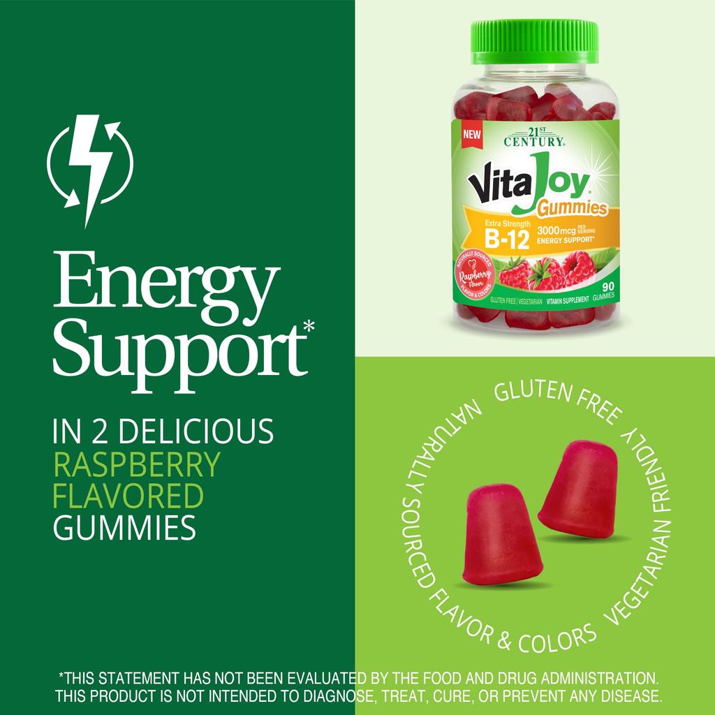 21st Century, Vitajoy gummies, B-12, extra strength, raspberry flavor, 3,000mcg, 90 gummies (1,500mcg per gummy)