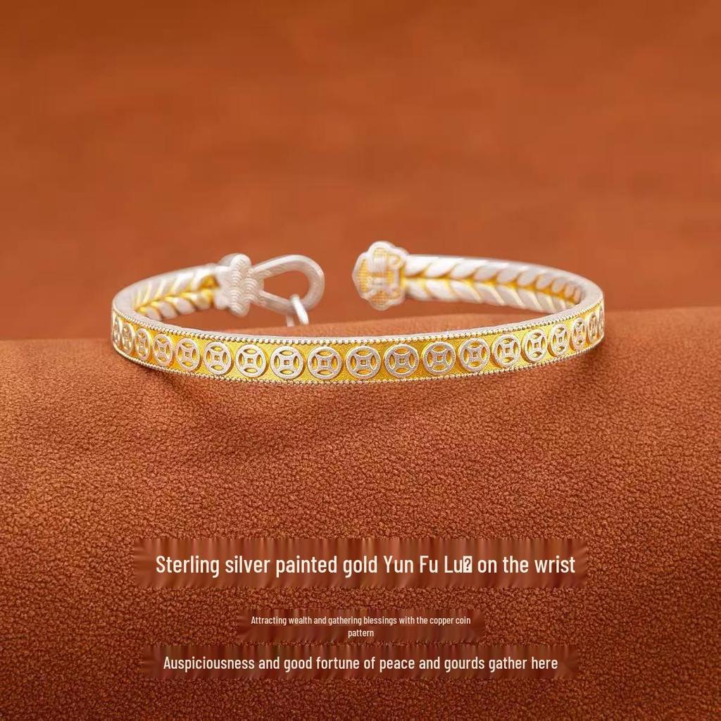 Sterling Silver Gourd Bracelet with Gold Inlay – Openable Fu Lu Design for Women, Light Luxury Gift.