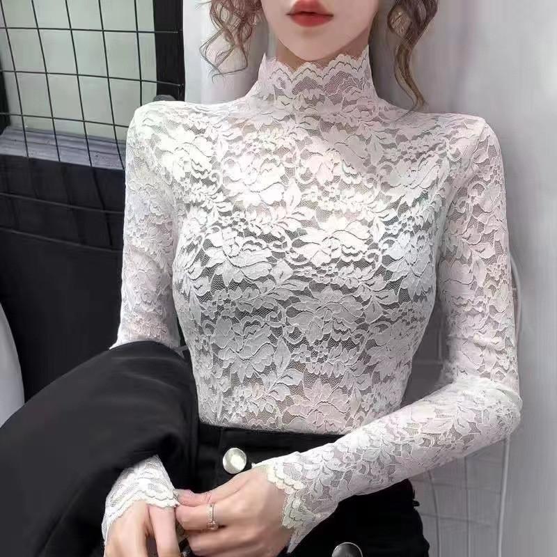 Hollow Lace Bottoming Shirt Slim Fit Long Short-sleeved T-shirt Women's Top Half Turtleneck Slim Fit