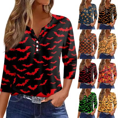 Женская футболка с принтом на Хэллоуин, на пуговицах, рукав 3/4, повседневная мода на выходные, базовый топ с V-образным вырезом