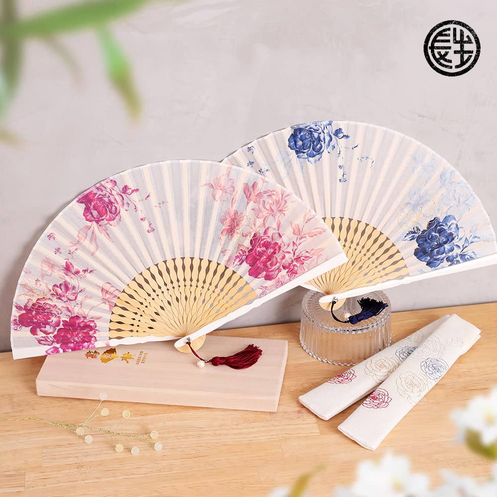 Fan Fan Set with Peony [Osaka Choseido] Fan, Women's, Stylish, Business, Bag, Holder, Handkerchief, (Blue)