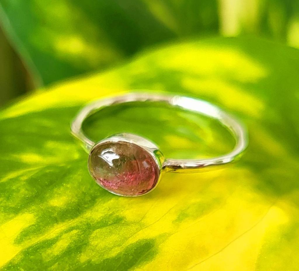 Natural Gemstone Bi Color Tourmaline 925 Sterling Silver Hammer Ring Sz 8.25 US