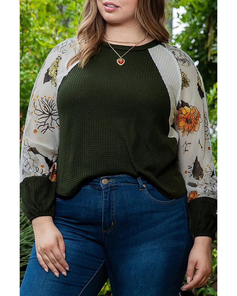 Azura Exchange Green Plus Size Floral Raglan Colorblock Patchwork Knit Blouse