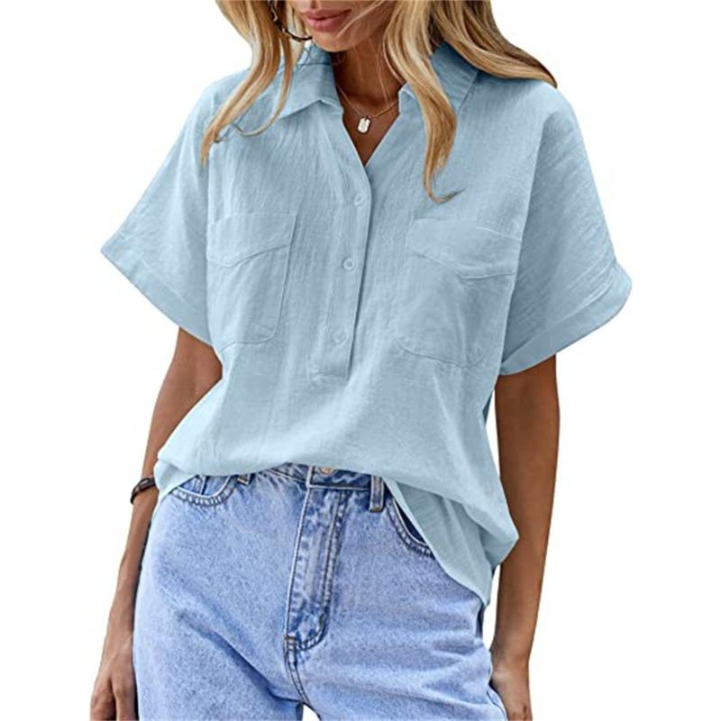 Женская однотонная рубашка-пуловер с короткими рукавами и двумя карманами, свободная рубашка из хлопка и льна, блузки и рубашки