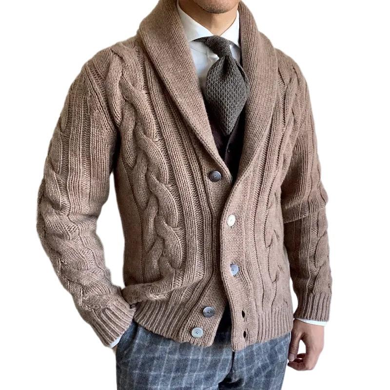 2025 Winter New Knitted Cardigan Men's Turn-down Collar Long Sleeve Twisted Sweater