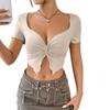 2026 Elegant Woman Sexy Hottie Design Chest Twist Ruffle Deep Solid Color V-Neck Short Top