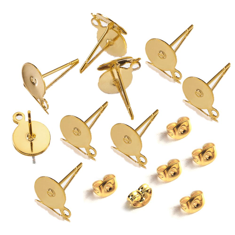 100Sets Stainless Steel Ear Studs with Plug Back Gold Color Earring Base Earring Dangle Pendant Jewelry Making DIY Wholesale