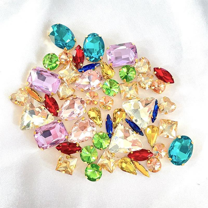 50pcs/Bag Glitter Mixed Shape Sew On Glass Rhinestone Gold Claw Crystal Buckle Diy Wedding Decoration Accessories