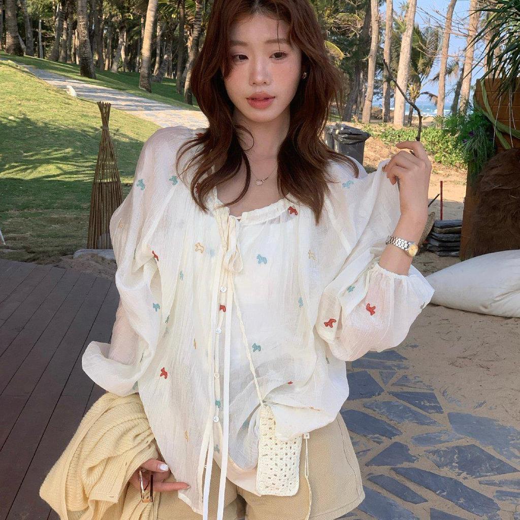 Женская блузка с длинным рукавом, лимонно-зеленая, с цветочной вышивкой – Стройнящий топ на завязках, защита от солнца