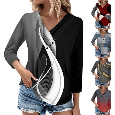 Женские повседневные футболки с рукавом 3/4 для выходных с V-образным вырезом и принтом, свободные плиссированные футболки, женская блузка