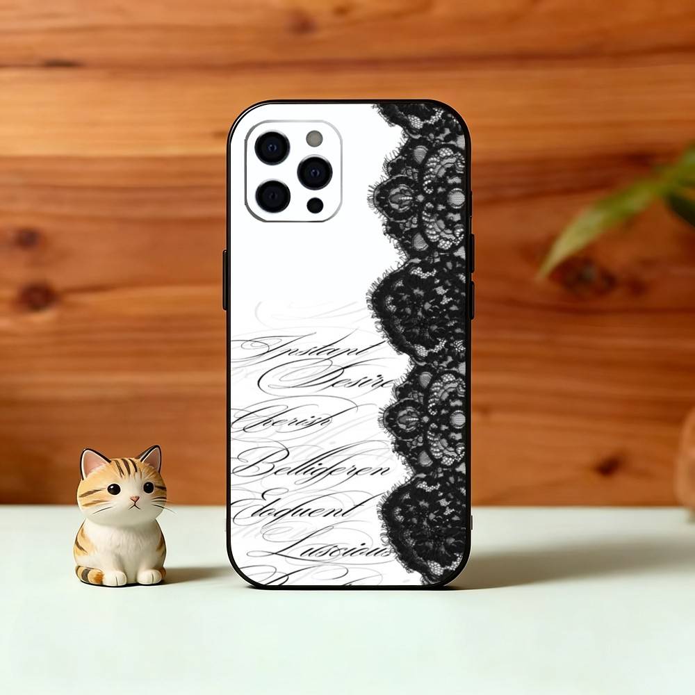 Черный чехол с кружевным принтом для iPhone 17,16,15,14,13,12,11 Plus,Pro Max,XS,Мягкий силиконовый черный чехол