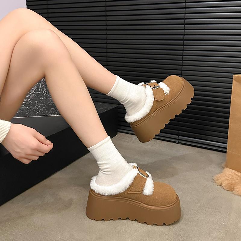 Fashionable Belt-buckle Woolen Slippers for Women To Wear Outside, 2025 New Thick-soled Fleece Warm Cotton Slippers
