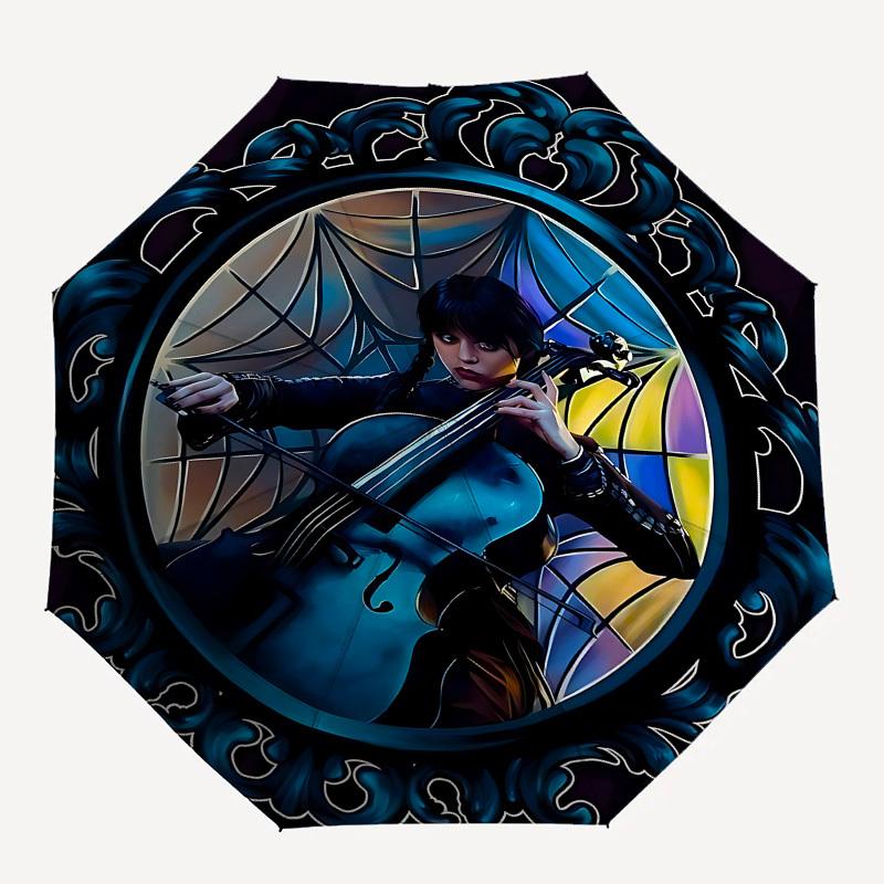Stained Glass Cello Player Themed Automatic Opening and Closing Umbrella, Brightly Colored 8-rib Portable Umbrella, Suitable for Men and Wom