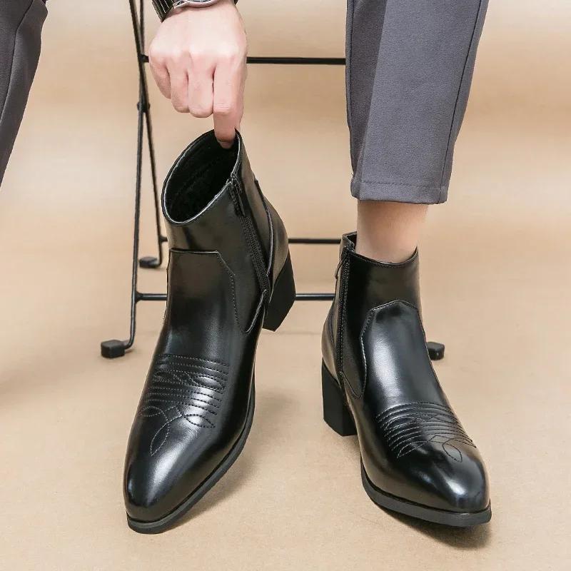 Мужская обувь Черные ковбойские ботинки для мужчин Ковбойские Коричневые ботинки Челси Молния До щиколотки Деловые ботинки Размер 38-46