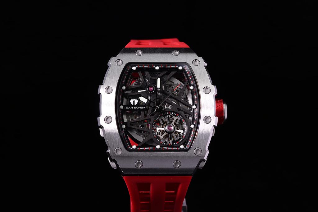 Часы TSAR BOMBA Business 50M Водонепроницаемые скелетонированные часы Стильные наручные часы из нержавеющей стали с циферблатом-бочкой для мужчин Светящийся японский механизм Красный силикон