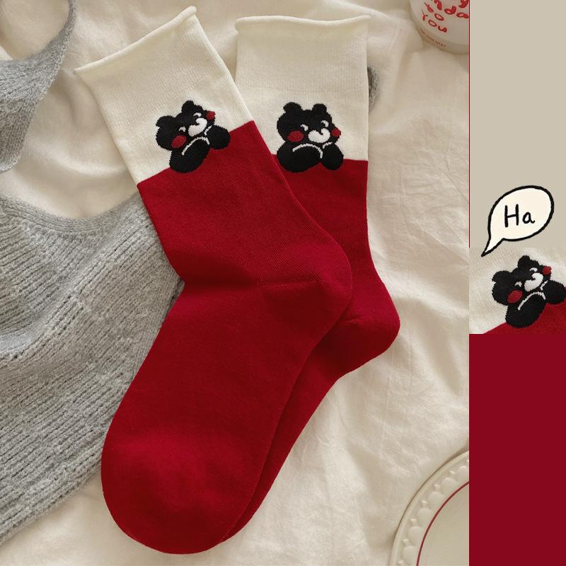 Свернутые носки для женщин, осенние красные и белые носки до середины икры, мультяшные носки-пиле с медведем, полосатые бесшовные носки