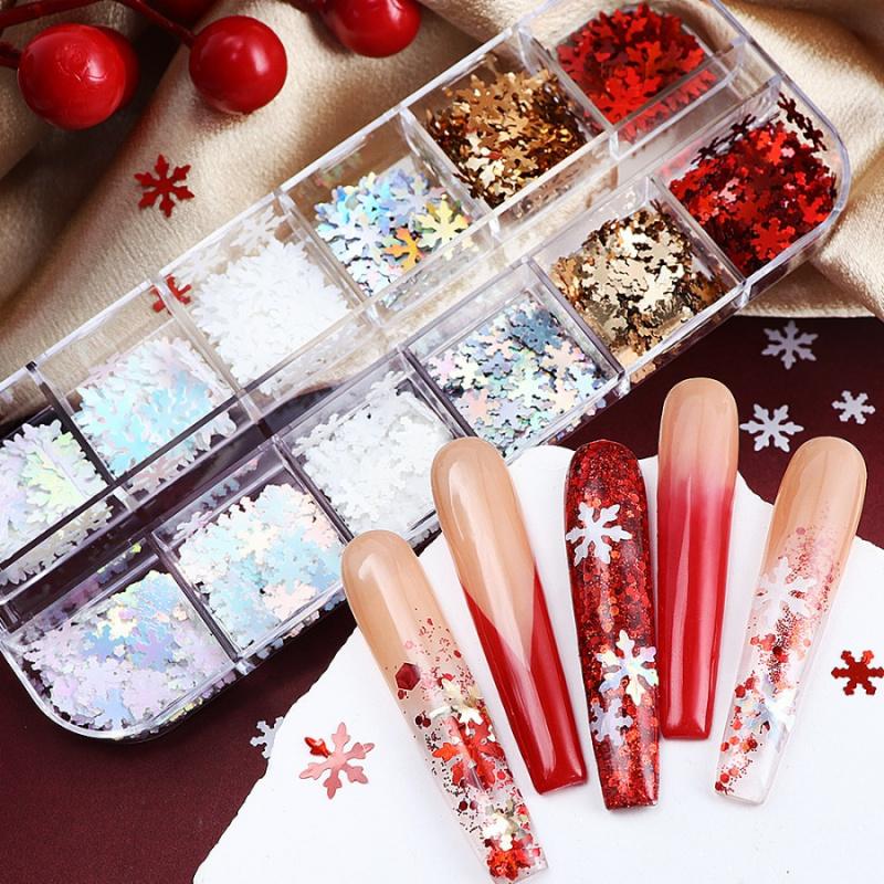 1boxChristmas Snowflake Nail Art Glitter Decorations Autumn Winter Red Gold White Snowflakes Mixed Colors Wearable Nail Glitter