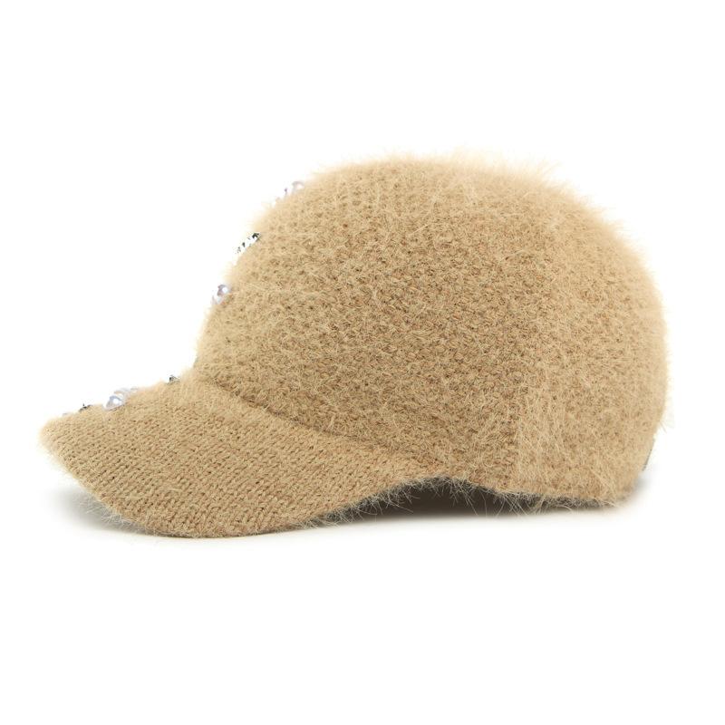 Женская вязаная шапка ручной работы на осень-зиму, теплая бейсболка с жемчугом, из искусственного кроличьего меха, с ромбовидным узором