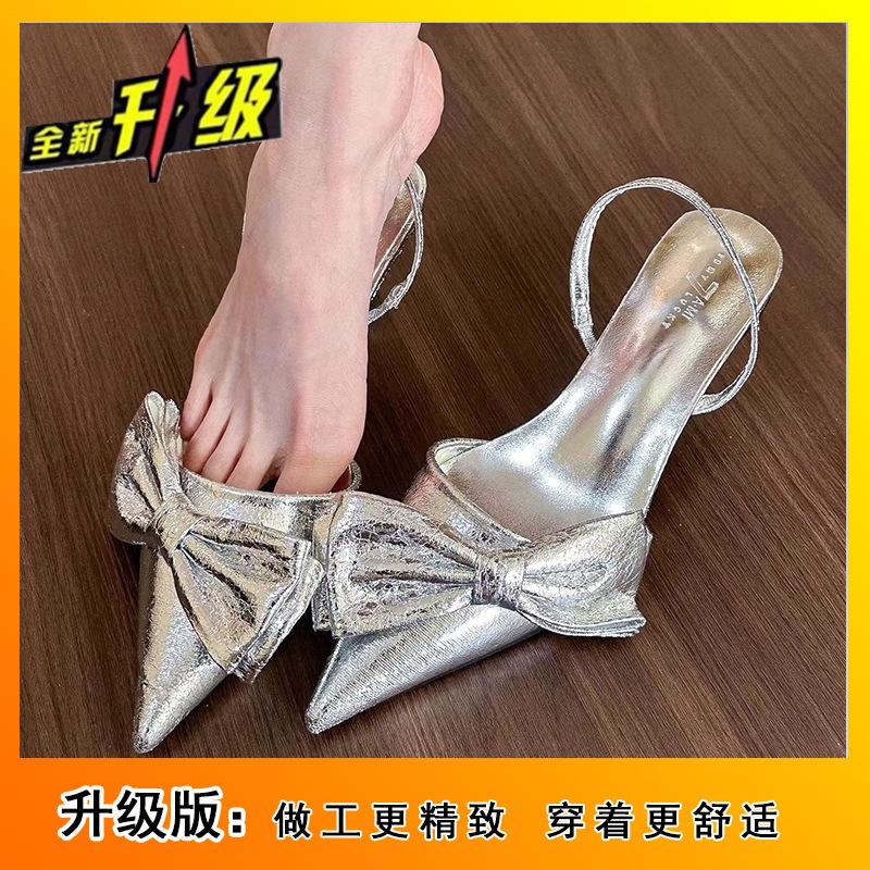 2025 весна и лето новые черные туфли-лодочки на французском каблуке с ремешком, с острым носком, модные сандалии с бантом для женщин