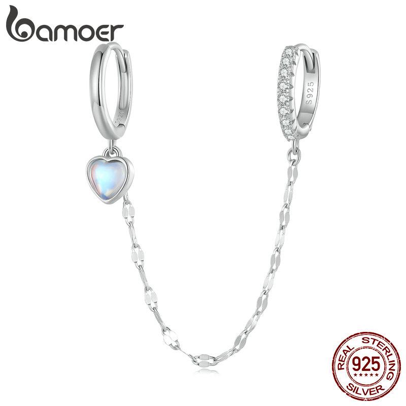 BAMOER 925 Sterling Silver One Piece Heart Moonstone Double Circles Ear Buckle Long Tassel Hoop Earrings for Women Birthday Gift