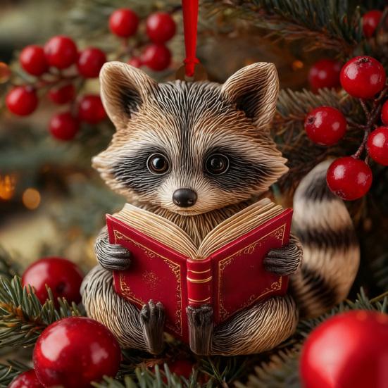 Cute Forest Fox/Raccoon Reading Ornament 2D Flat Acrylic Christmas Ornaments Woodland