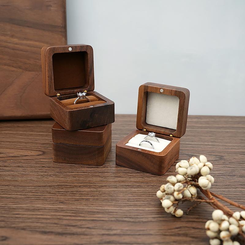 Square Wooden Ring Box for Couple - Walnut Engagement Ring Case, Wedding Jewelry Gift Box Organizer