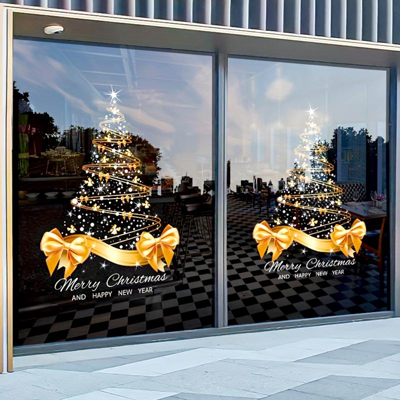 1 шт. Наклейка на окно для дома с большим бантом DIY ПВХ 40x55 см Рождественская наклейка на окно с елкой Золотая елка