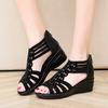 Spring and Summer New Simple Retro Women's Shoes Large Size Sandals Rhinestone Slope Heel Hollow Fish Mouth Sandals Women