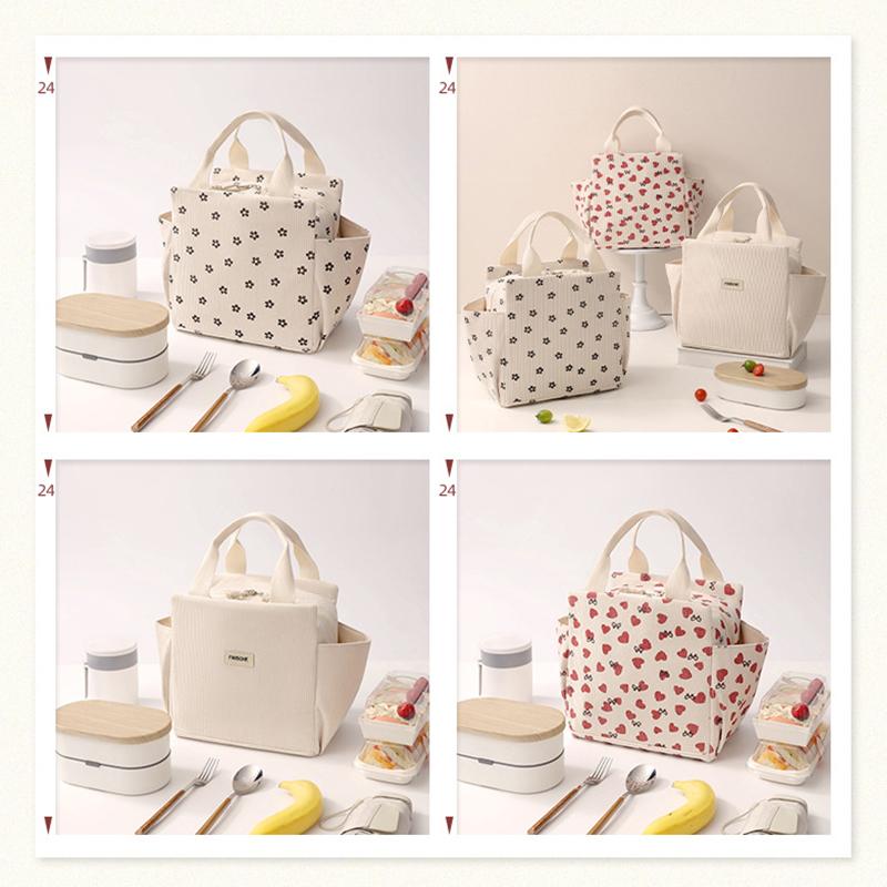 Corduroy Lunch Bag Thermal Insulation Lunch Box Storage Handbag Multifunctional Kids School Lunch Bag Picnic Food Pouch