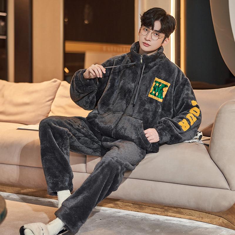 Антистатический коралловый флис мужской зимний пижамный комплект утепленная фланель теплая пижама большого размера на молнии мягкая мужская пижама домашняя одежда