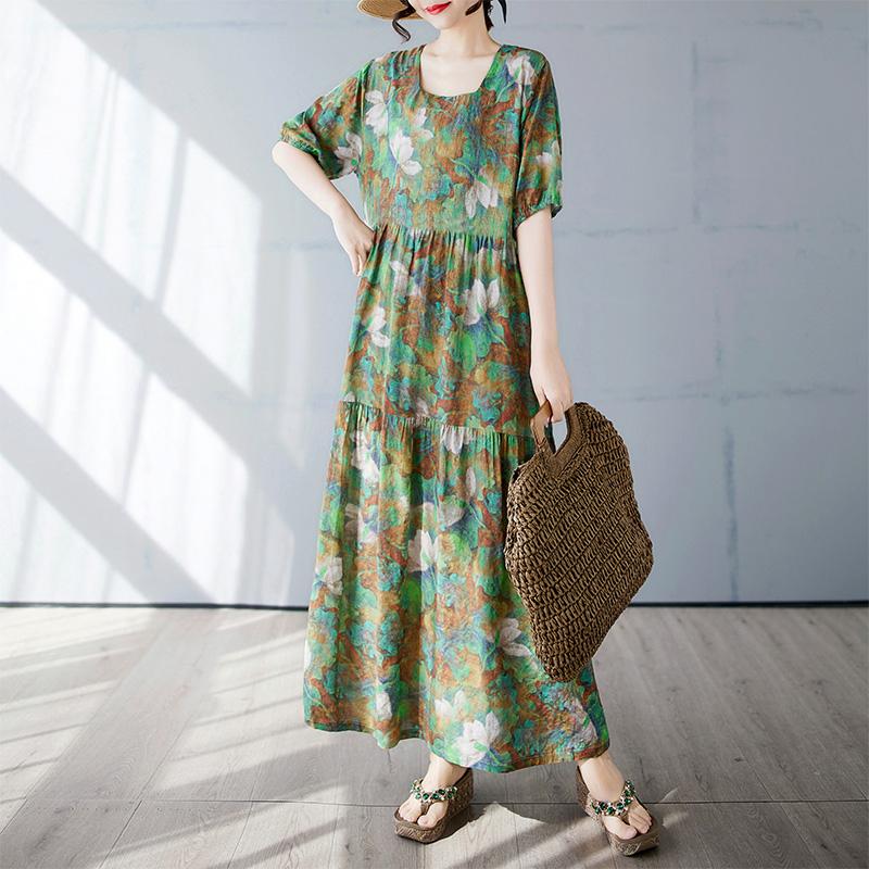 Dimanaf 2025 Summer Women Plus Size Dress Vintage Printing Flower Casual Loose Long Holiday Dress New Oversized