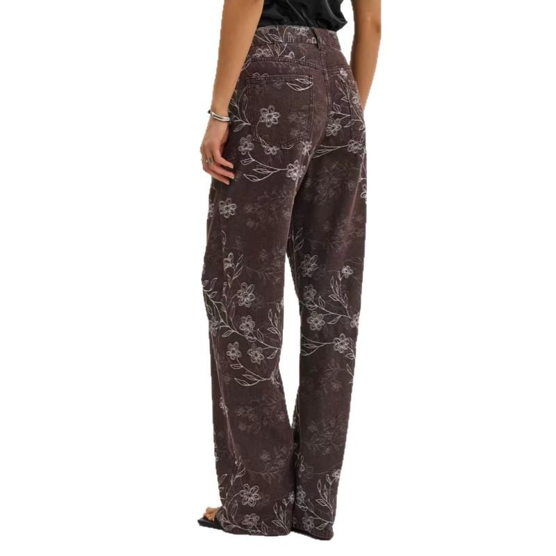2026 Womens High-Waisted Wide-Leg Straight Jeans With Floral Embroidery Loose Fit Cotton Denim Pants