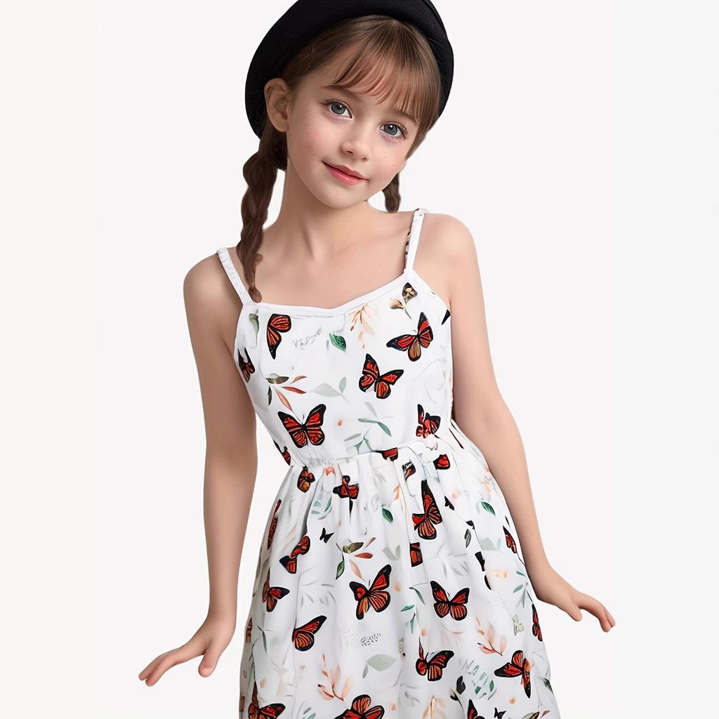 Girls Butterfly Leaves Full Print Sweet Princess Dress Summer Children Fashion Halter Dress