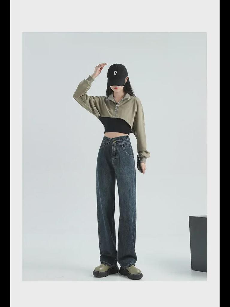 Женские джинсы широкого кроя сине-серого цвета с высокой талией, маленького размера, длиной до пола, с нестандартной косой пряжкой, идеально подходят для весны и осени.