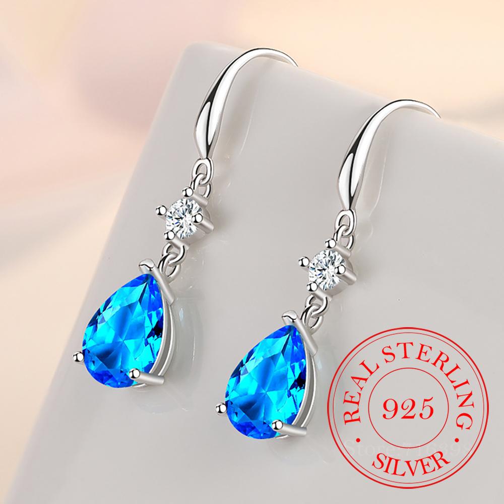 Real 925 Sterling Silver Long Tassel Crystal Oval Drop Earring For Women Girls Wedding Party Elegant Jewelry