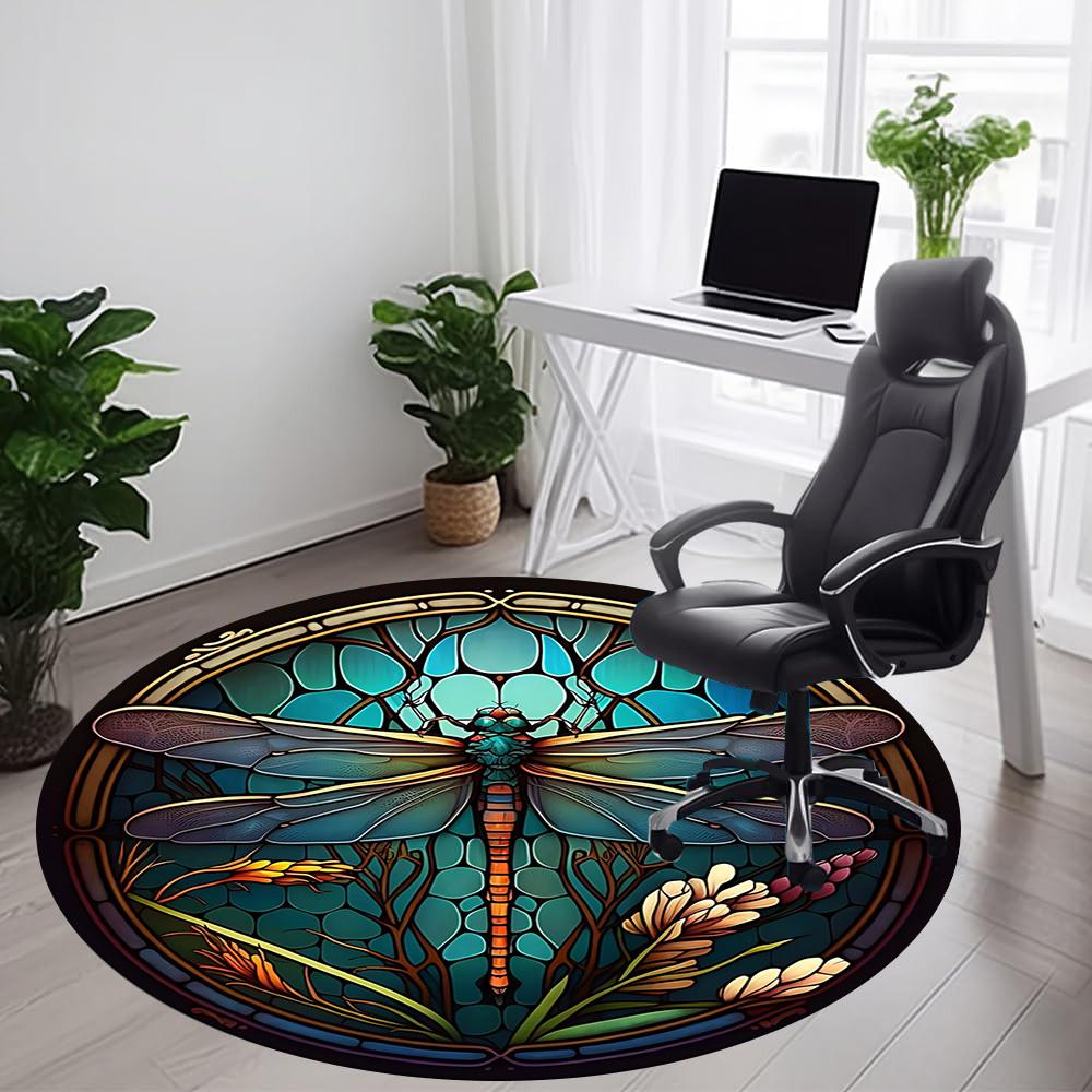 1PC Dragonfly StainedGlass Office Round Area Rug,  Mat Suitable ForOffice, Under Office Chairs Bedroom Living Room Home Decor, Room Deco