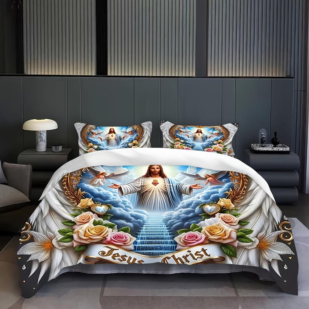 Набор из 2/3 предметов Святая преданность Крылья Крест Цветок Ангел Иисус Дверь в рай Постельное белье Комплект пододеяльника с цифровой печатью
