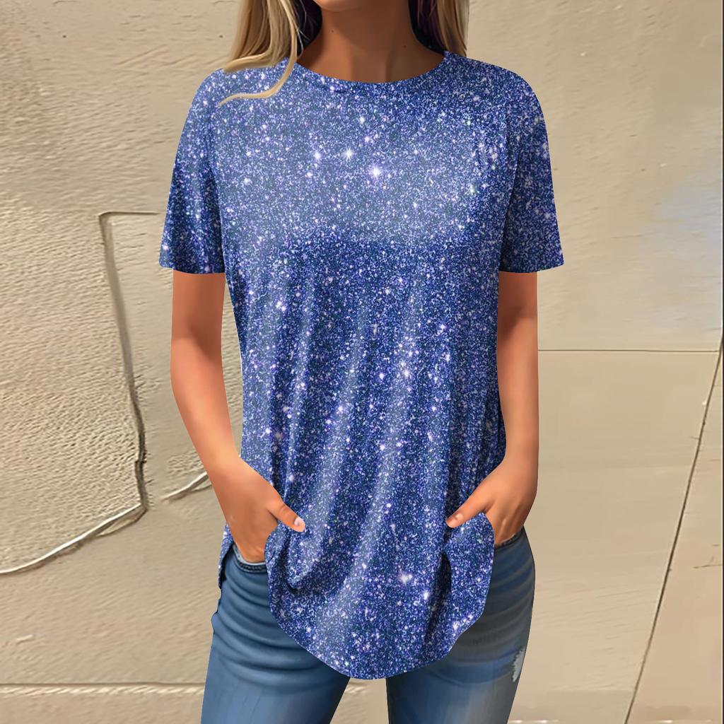 Женская мода, повседневная футболка с круглым вырезом и блестками, пуловер с короткими рукавами, топ