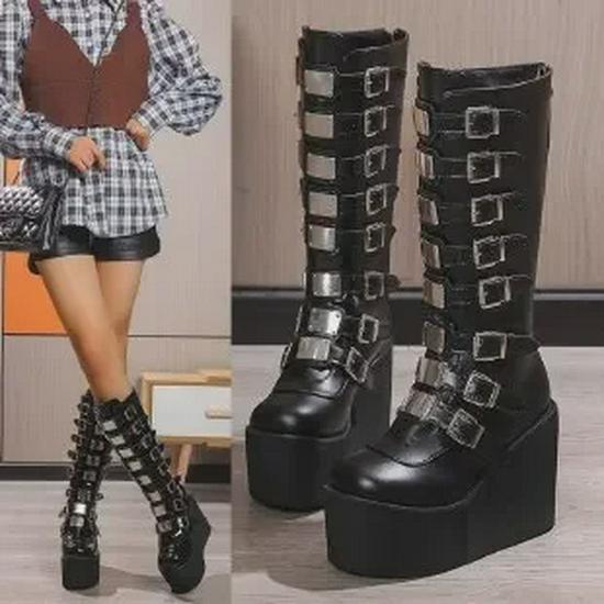 Demonia 2025 Gothic Wedge Buckle Boots: Women's Punk Knight Style