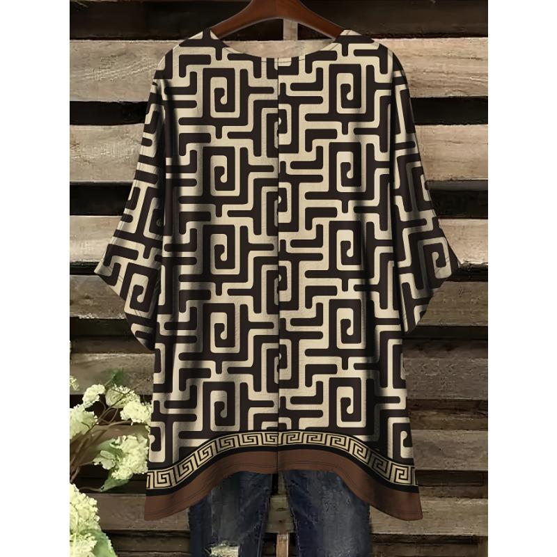 [Printed Design – Not Textured] Women’s Plus casual and comfortable all-over irregular printed pattern bat sleeves