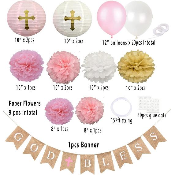 CHRORINE Baptism Decorations First Communion Confirmation Decorations Bautizo Decorations God Bless Banner (Pink)