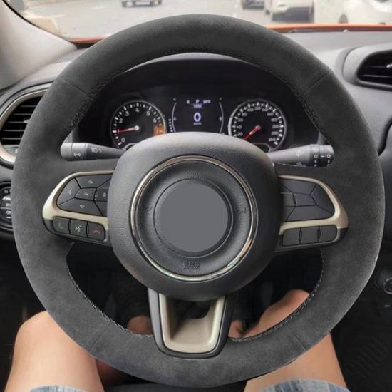 All Black Sewing Steering Wheel Suede Leather Cover For Jeep Renegade 2016-