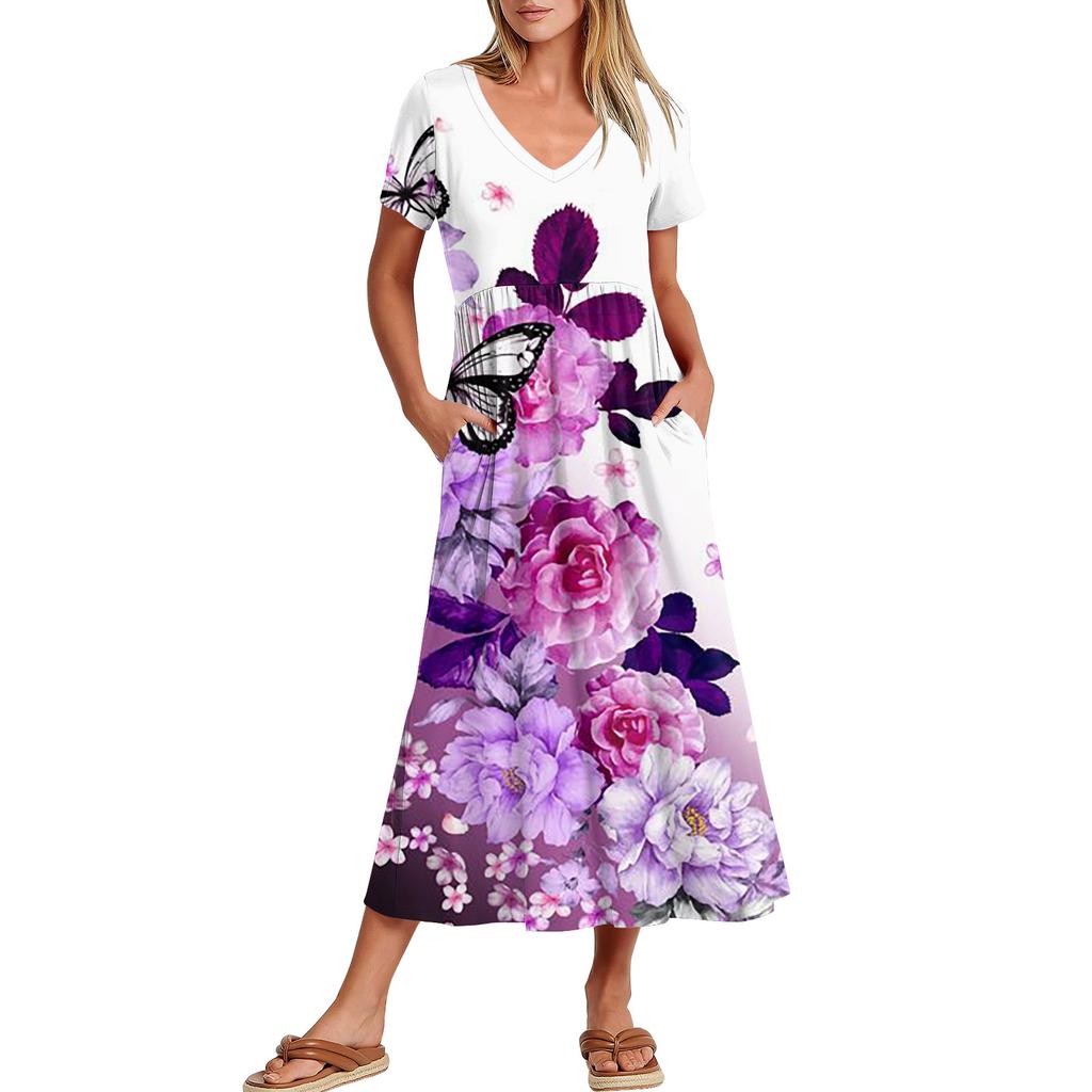 Women's Casual Dresses With Pockets, Flowing Maxi Skirt, Women's V Neck Short Sleeve Summer Maxi Dress