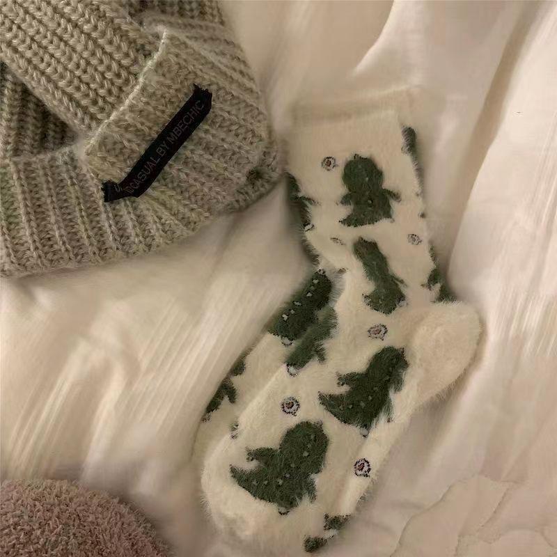 Cow Print Mink Plush Socks For Women Girl Mid Tube Stockings Warm Coral Velvet Sleep Floor Sock Winter Thermal Slipper Funny Sox