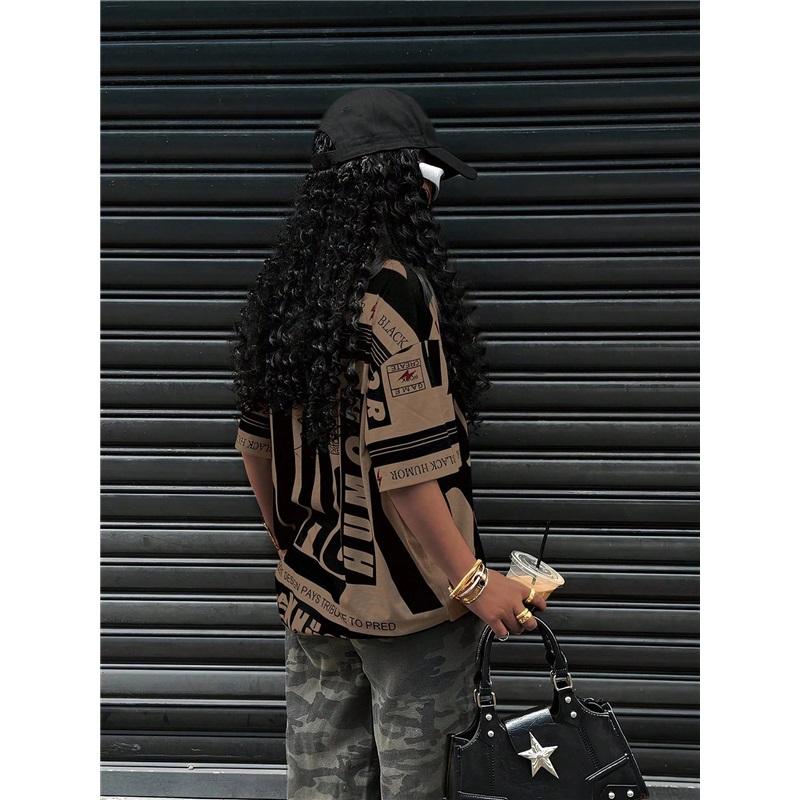 Большая американская ретро ЧЕРНАЯ футболка с принтом, короткий рукав, для женского уличного стиля, свободная и стройнящая, контрастный топ с половиной рукава