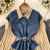 Весенне-осенняя Корейская Ретро Поддельная Два Свободных Джинсовых Жилета Полосатая Рубашка Женская Повседневная Нерегулярная Рубашка