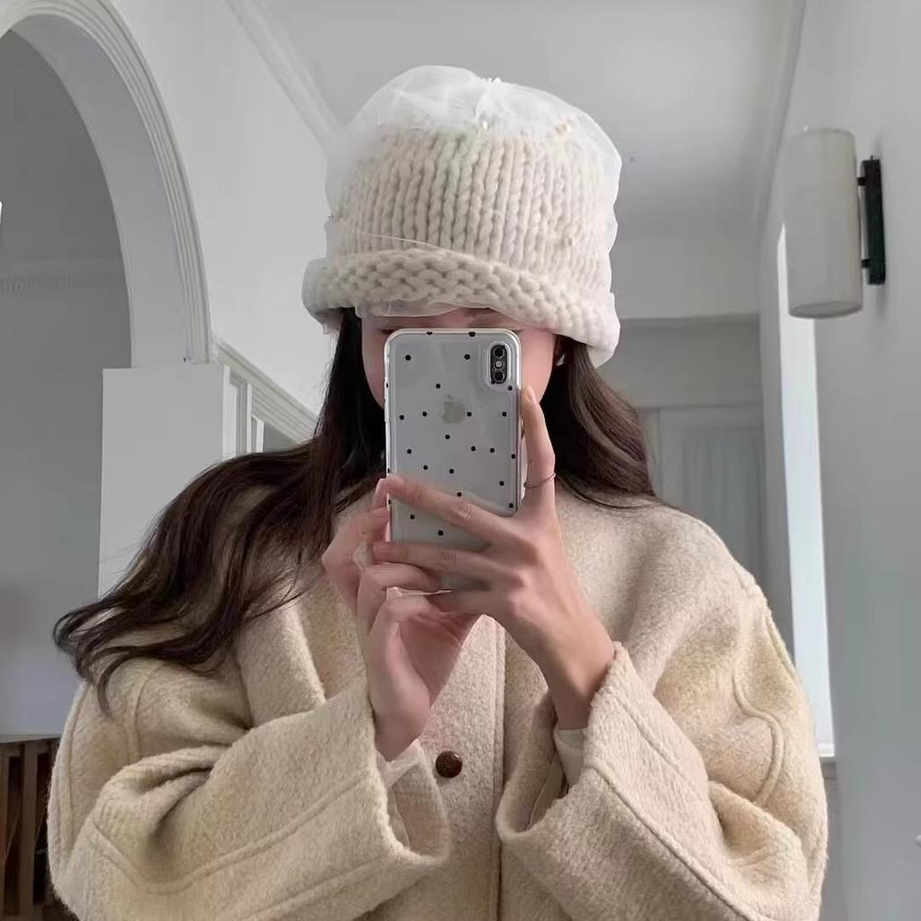 Niche design new women's autumn and winter handmade knitted hat versatile pearl mesh yarn thickened thick wool hat
