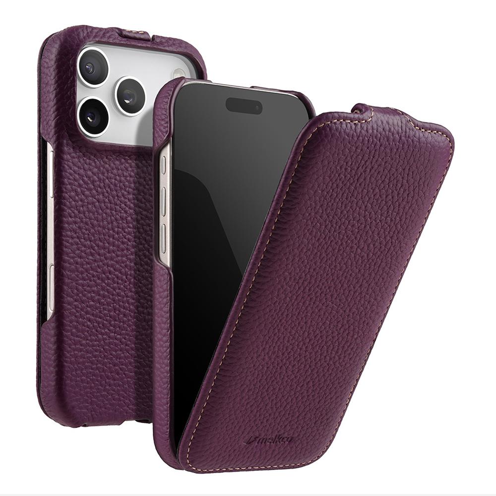 MELKCO For iPhone 17 Pro Case Compatible with MagSafe Vertical Flip Genuine Cow Leather+PC Phone Cover