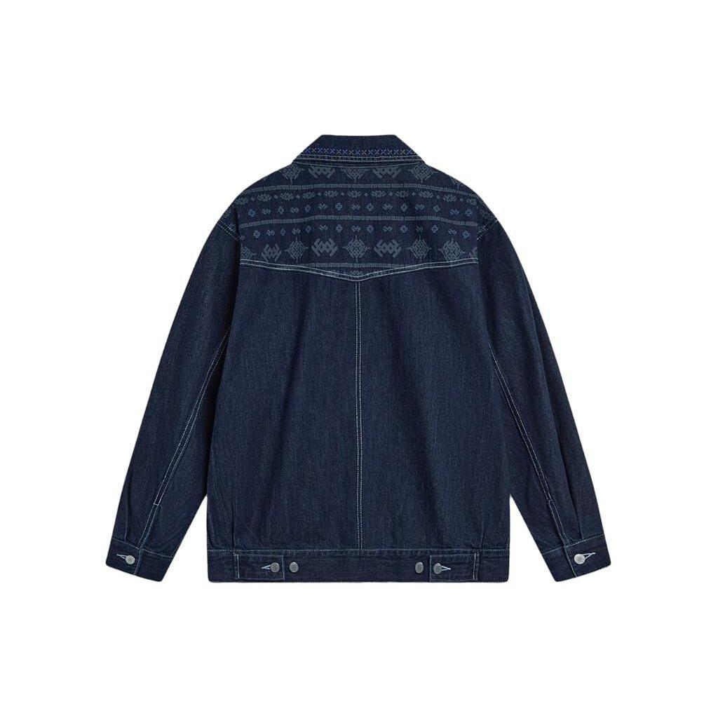 Мужская куртка из денима Li Ning Sports Lifestyle Series с принтом и свободным воротником, которую можно стирать, джинсовая куртка, синяя AJDT365-1